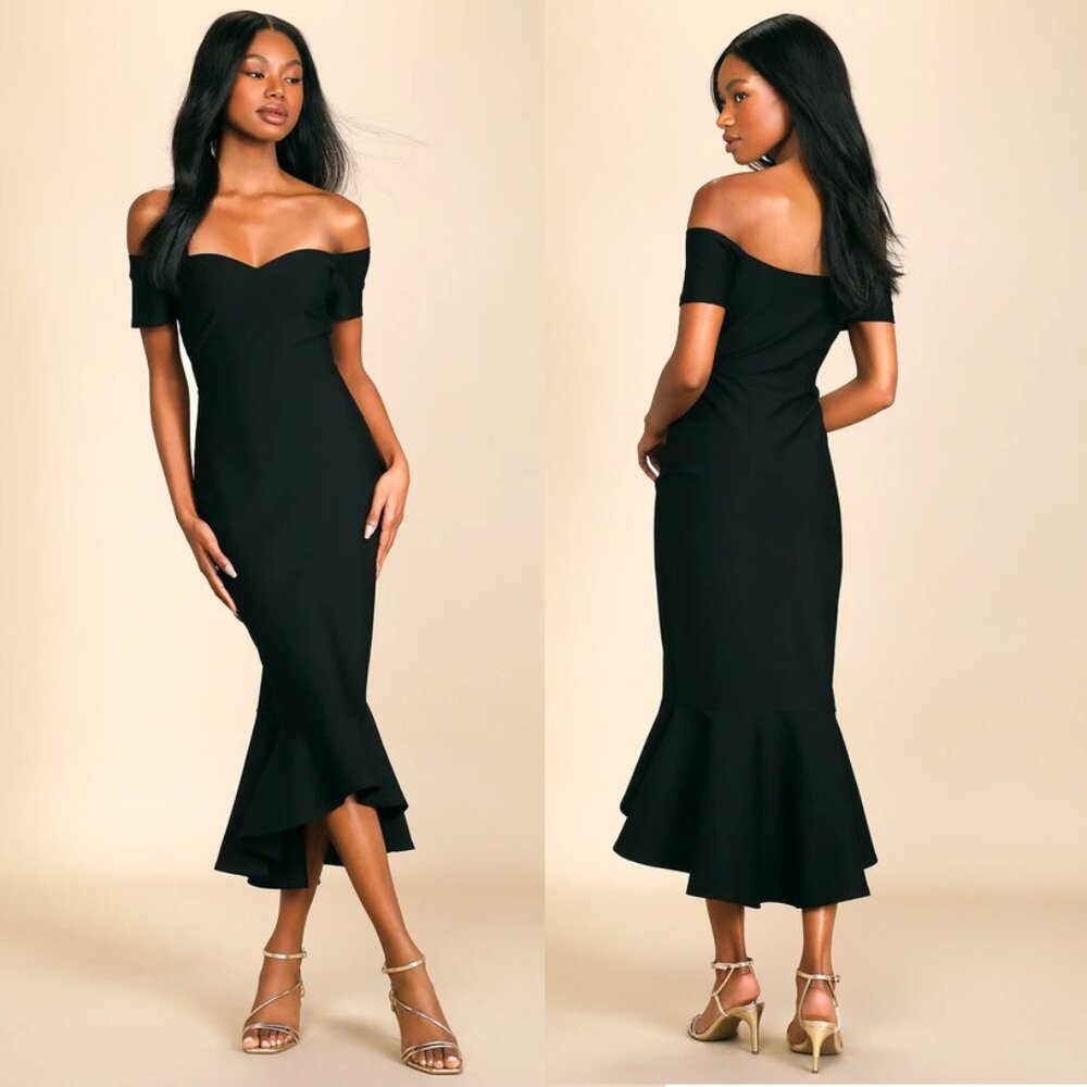 Lulus How Much I Care Off-the-Shoulder Midi Bodycon Dress w/Trumpet Skirt XS